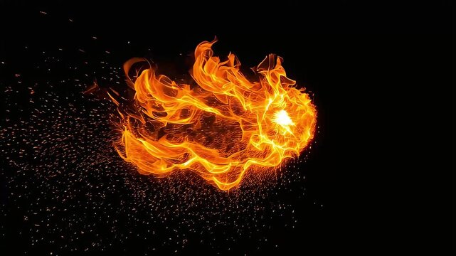 A video of a ball of flames spinning violently against a black background, scattering sparks.