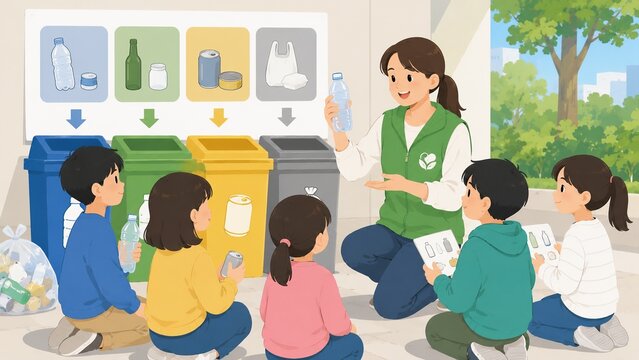 屋外の分別回収スペースで女性の指導員から正しいゴミの分別ルールを学ぶ子供たちのイラスト