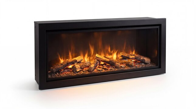 Modern rectangular electric fireplace with glowing logs and realistic flames captured isolated on white background