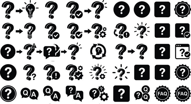 Comprehensive question mark icon set with faq badges qa speech bubbles help center symbols problem solving process arrows and troubleshooting elements isolated on background