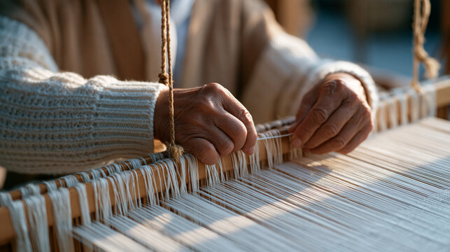 Close-up of master weaver elderly hands threading fine silk warp yarn through reed heddle on traditional drawloom at heritage textile museum workshop demonstrating ancestral