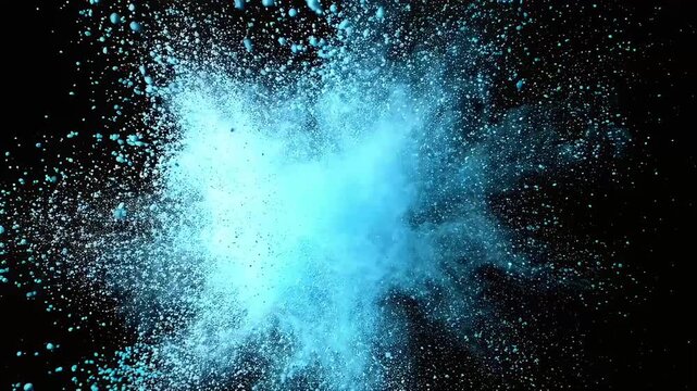 A video of light blue powder exploding and scattering vividly against a black background.