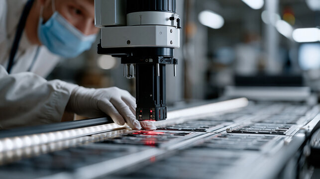 Quality control robot scanning rows of circuit boards on a lit conveyor, its overhead vision system flagging a hairline solder defect while a technician in gloves leans in to