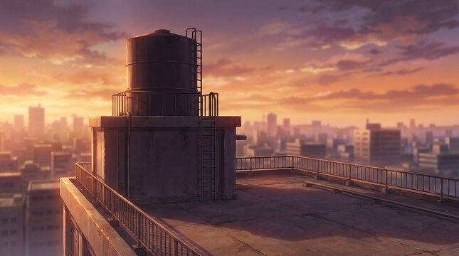 Classic Anime Cityscape: An Urban Rooftop Water Tank Overlooking the City Under a Vibrant Sunset Sky
