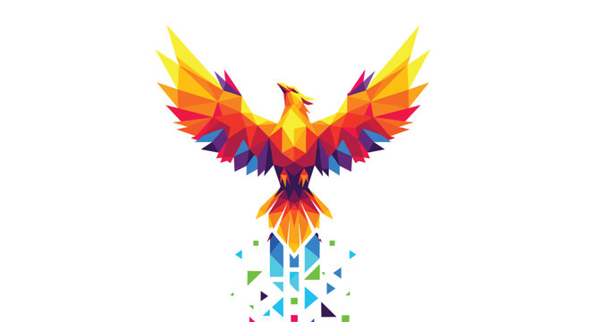 A vibrant phoenix constructed from multicolored geometric low-poly triangles rising upwards with fragmented polygon shards trailing below on a solid white background.