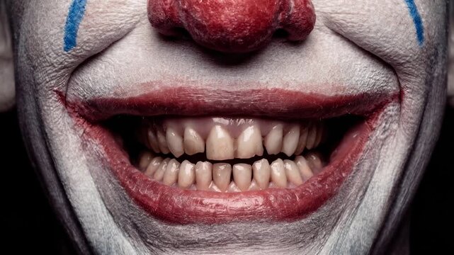 Creepy clown face with wide grin and sharp teeth, unsettling horror portrait. Extreme close-up of a sinister clown's mouth, revealing unnaturally sharp teeth