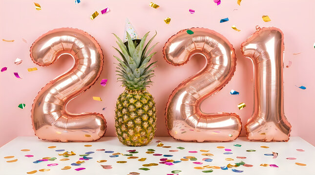 Golden balloons in shape of 2021 with pineapple and confetti