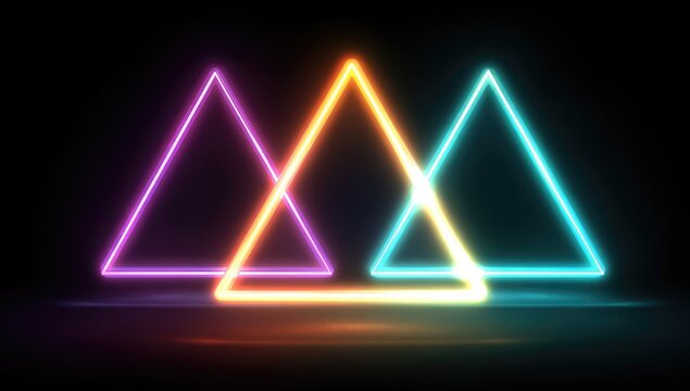 Three luminous neon triangles in purple, orange, and blue are showcased against a dark background, reflecting their light