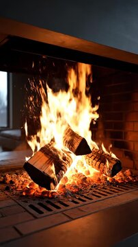 Flames engulfing burning logs in a cozy fireplace, glowing embers and dancing sparks, warm atmosphere, perfect for winter or holiday themes