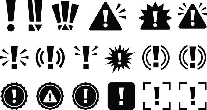 Exclamation mark warning icon set featuring hazard triangles attention circles alert stamps notice symbols and danger sign black silhouette elements isolated on background