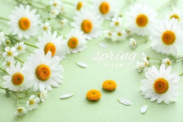 Obraz premium Fresh spring bloom with white daisies and green background.