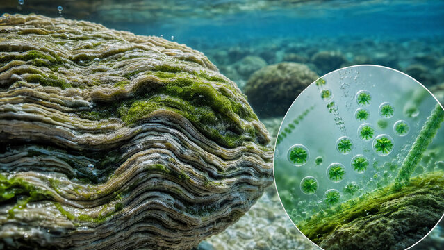 Majestic underwater stromatolites rising, illuminated by sunlight filtering through clear water, showing intricate textures and green microbial colonies in a tranquil marine environment