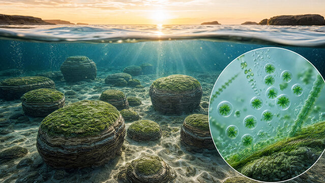 Majestic underwater stromatolites rising, illuminated by sunlight filtering through clear water, showing intricate textures and green microbial colonies in a tranquil marine environment