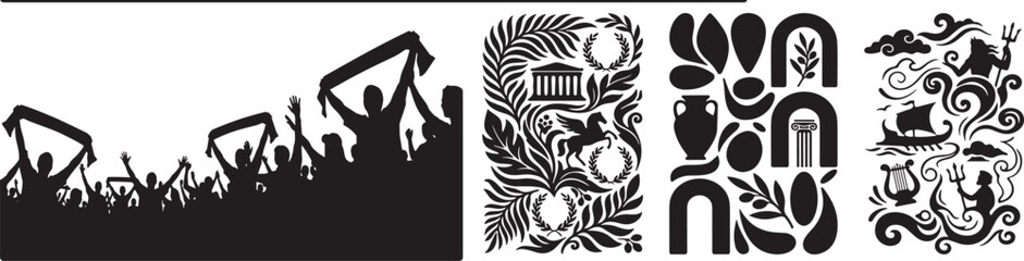 Ancient Greek mythology vector graphic elements bundle with columns temples pegasus neptune god silhouettes and cheering sports fans crowd background scene pack © Sujon Shah