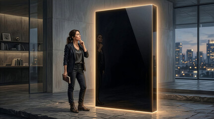 Fototapeta premium Businesswoman Planning Innovation Strategy Beside Futuristic Glowing Monolith in Modern Office