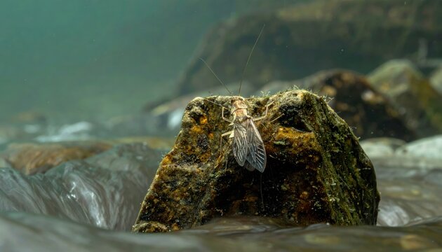 Stonefly Nymph Clinging to Submerged Rock in River Low Angle Tracking