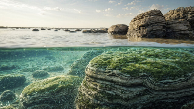 Majestic underwater stromatolites rising, illuminated by sunlight filtering through clear water, showing intricate textures and green microbial colonies in a tranquil marine environment
