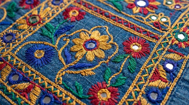 Close-up of intricate Pakistani embroidered textile with floral patterns and mirror details