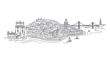 Fototapeta premium Panoramic sketch of lisbon city landmarks along the tagus river