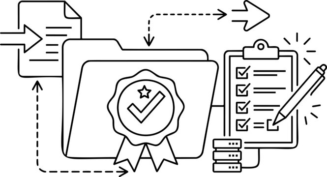 Minimalist document management workflow, data processing and approval concept outline illustration, hollow vector