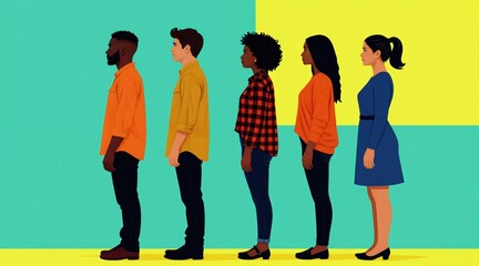 Fototapeta premium Diverse people stand in a line against colorful backdrop. Men and women of different ethnicities wait patiently. This image signifies community, unity, and shared experiences.