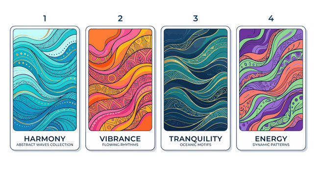 Set of four abstract cards with wavy patterns and positive themes