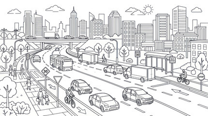 Urban city traffic and busy street life coloring page © roina