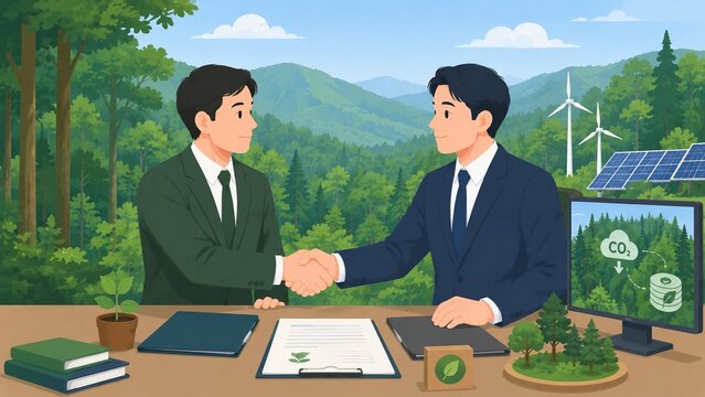 脱炭素社会の実現に向けてカーボンクレジットや再生可能エネルギービジネスの契約を交わし握手するビジネスマン