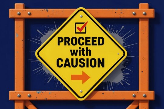 Yellow diamond sign with black text says PROCEED with CAUSION and orange arrow pointing right. Warning symbol on textured background. Cautionary sign for safety or construction.