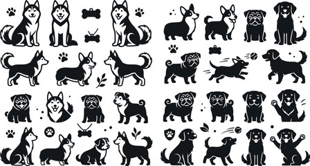 Cute dog breeds vector illustration set featuring husky corgi pug and retriever puppy characters in black and white silhouette outline isolated on background © Sujon Shah