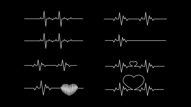 heart rhythm set, Electrocardiogram, ECG - EKG signal, Heart Beat pulse line concept design isolated on white background.4k motion graphics video animation