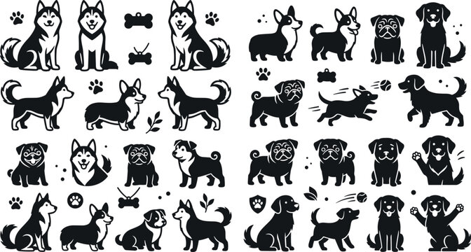 Cute dog breeds vector illustration set featuring husky corgi pug and retriever puppy characters in black and white silhouette outline isolated on background