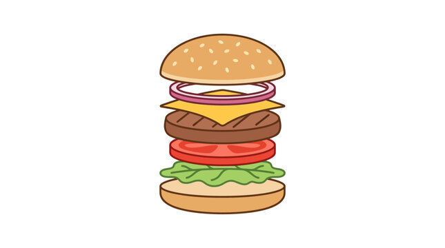 A colorful illustration of a delicious cheeseburger with separated ingredients stacked vertically.