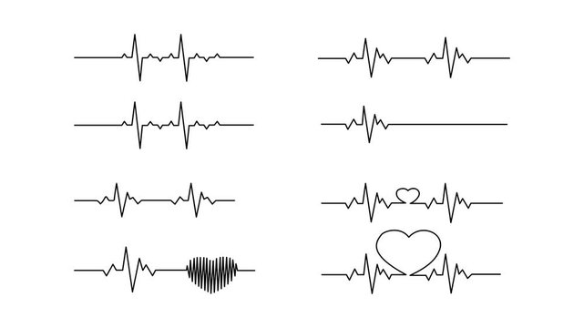 heart rhythm set, Electrocardiogram, ECG - EKG signal, Heart Beat pulse line concept design isolated on white background.4k motion graphics video animation