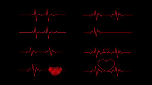 heart rhythm set, Electrocardiogram, ECG - EKG signal, Heart Beat pulse line concept design isolated on white background.4k motion graphics video animation