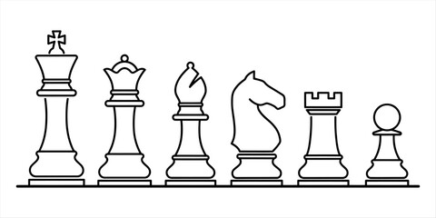 Collection of chess pieces line art, king, queen, bishop, knight, rook, pawn Vector, illustration © Ratna Art_Gallery