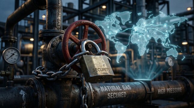 Global energy security and natural gas supply chain control concept with locked valve and world map hologram.