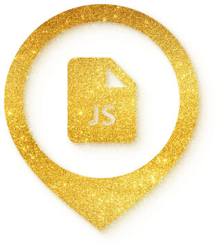 File JavaScript icon in gold glitter location pin shape for file JavaScript code web developer frontend script programming and tech app on transparent background.
