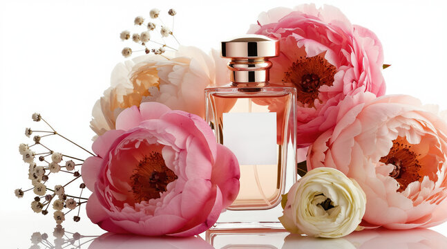 Elegant perfume bottle sits with soft pink and cream peonies and delicate baby breath flowers. Delicate floral aroma scent fills air. Clean product shot for beauty.