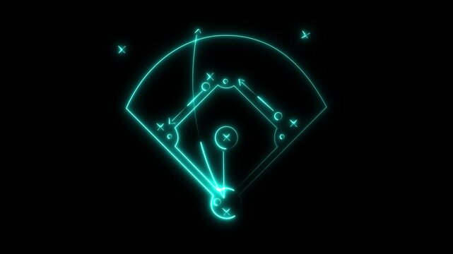 Glowing neon Baseball play strategy drawn on chalk board. Homer run and batter runs to the base.4k motion graphics video animation