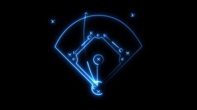 Glowing neon Baseball play strategy drawn on chalk board. Homer run and batter runs to the base.4k motion graphics video animation