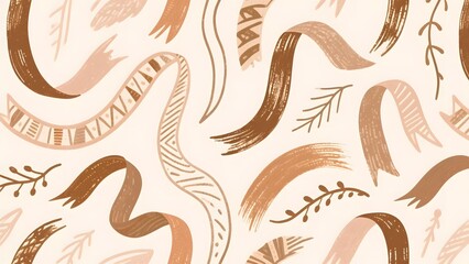 Fototapeta premium Boho Ribbon Brush Seamless Pattern with Organic Hand Drawn Elements