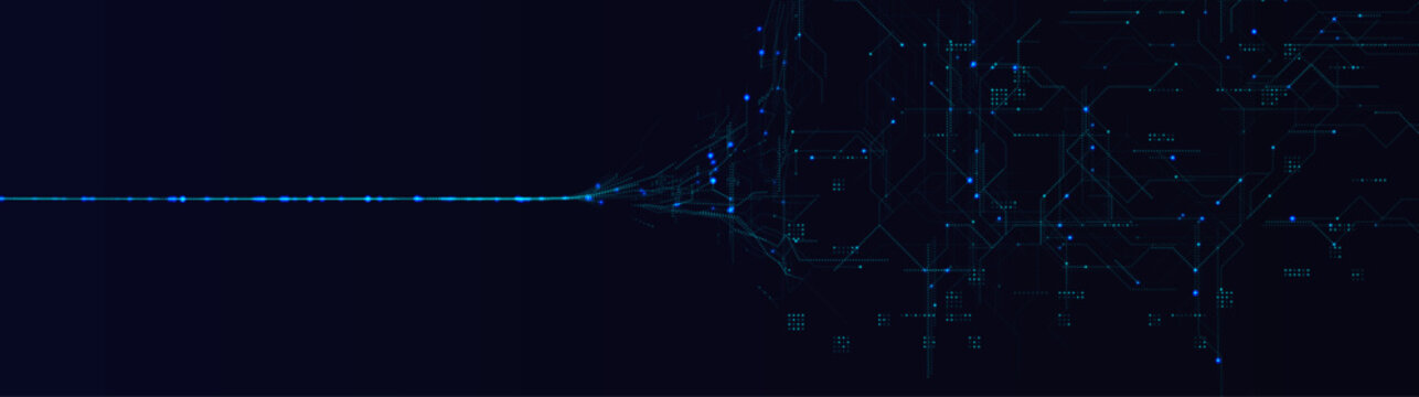 Digital network background with glowing blue data lines, abstract tech connections. Data technology hero banner for AI, cloud, cybersecurity, website header, presentation. Vector illustration.