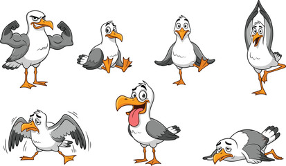 Obraz premium Set of Funny Kawaii Seagull Characters Featuring Strong Muscle Yoga Sitting and Tired Poses for Kids Stickers Nursery Decor and Creative Coastal Marine Graphic Designs