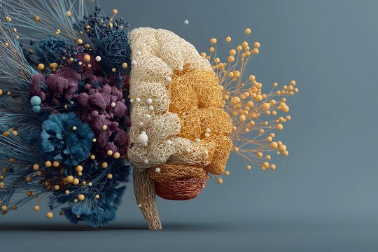 Intricate 3D representation of a stylized human brain divided into two hemispheres, representing the dichotomy of creative and analytical thinking.