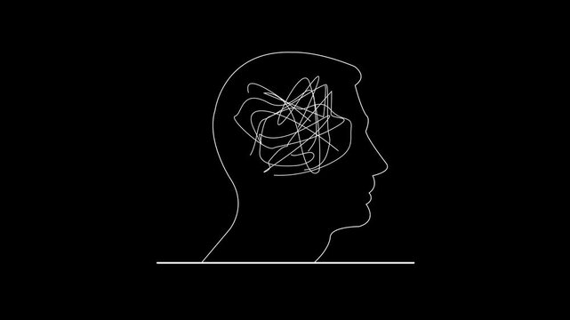 Conceptual line art animation of a human profile showing a tangled white scribble inside the brain on a black background.brainstorming, psychological stress, and complex cognitive processing.