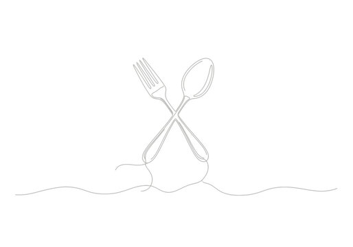 Crossed fork and spoon one line art vector illustration with continuous line