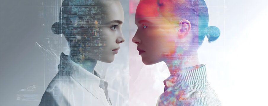A person viewing their digital, AI-integrated mirror is a symbol of technological identity, digital awareness, and human-machine evolution.
