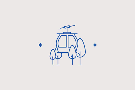 Cable car funicular cabin over trees line icon for mountain resort, ski lift service, winter tourism app. Scenic vector illustration for alpine travel.