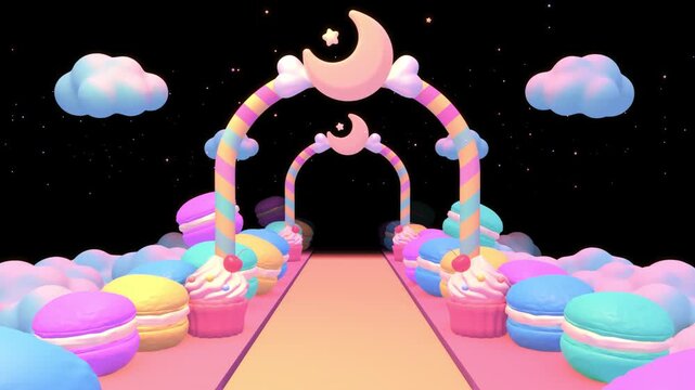 Passing through sweet moon candy corridor with macarons and cupcakes animation. (loop)